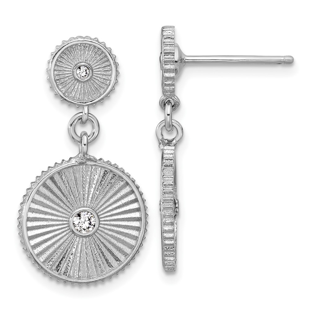 925 Sterling Silver Rh-Plat Cz Polished/Grooved Circle Dangle Post Earrings